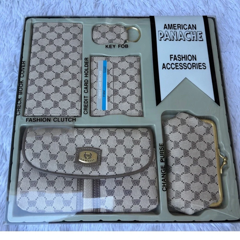 American Panache 5 Piece Accessory Set Tan Brown New Clutch Change Purse Fob